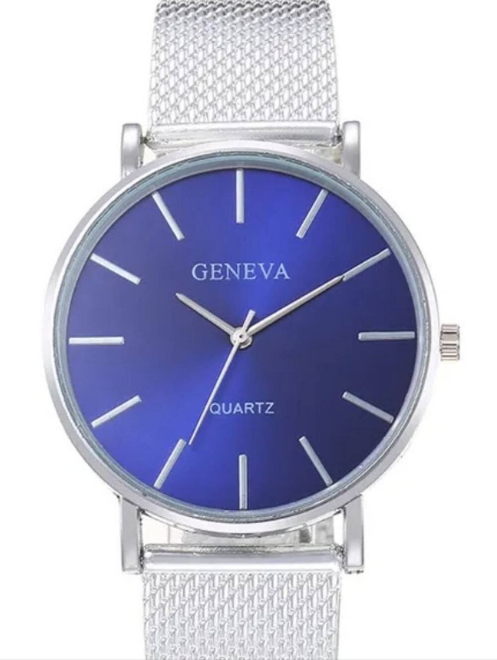 Geneva Blue Dial Silver-Tone Mesh Watch